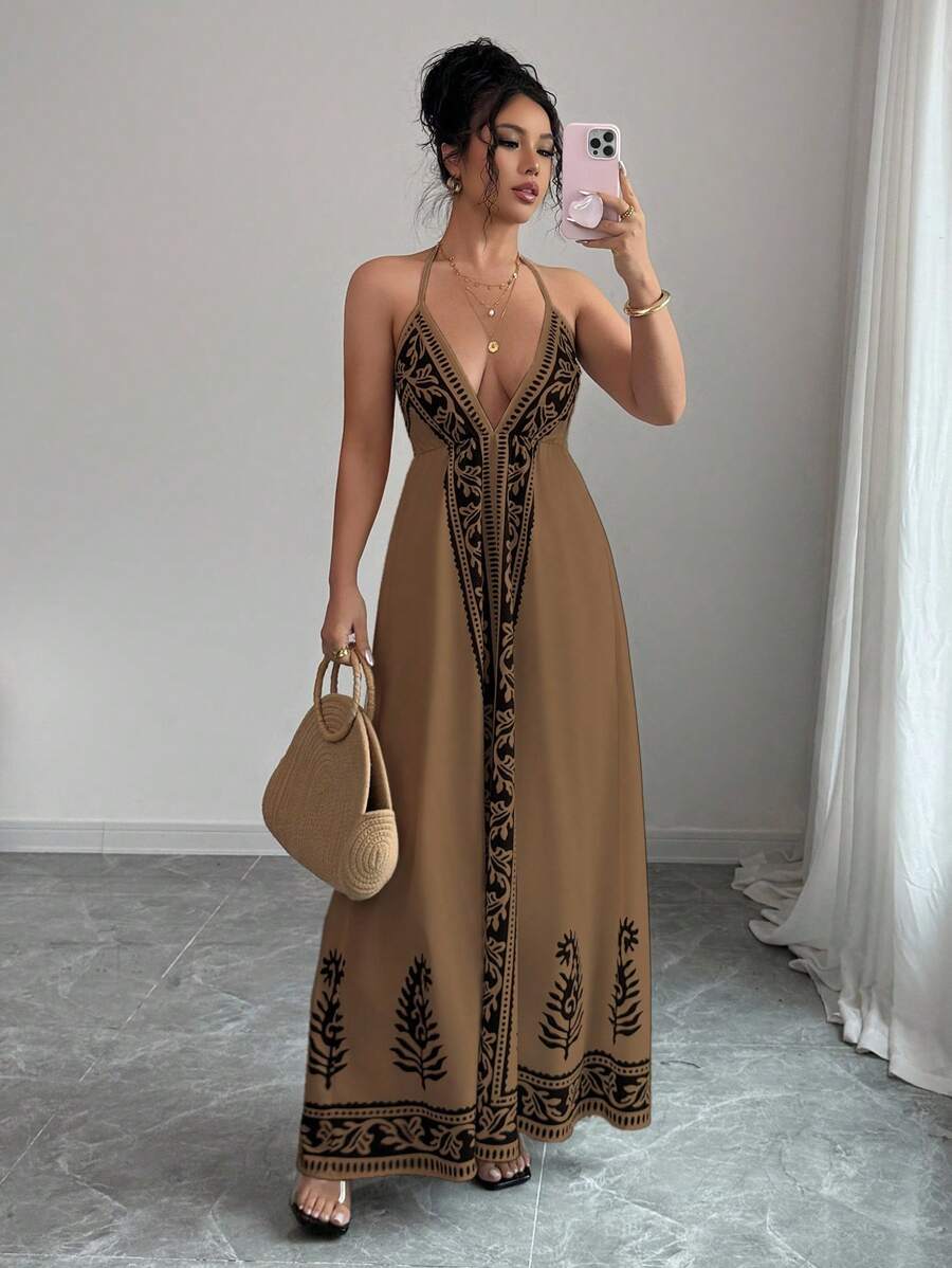 Breezaya™ Vestido de Decote em V Profundo com Estampa Floral para Mulheres, Vestido de Verão Estilo Maillard, Roupas de Verão Marrom para Universidade