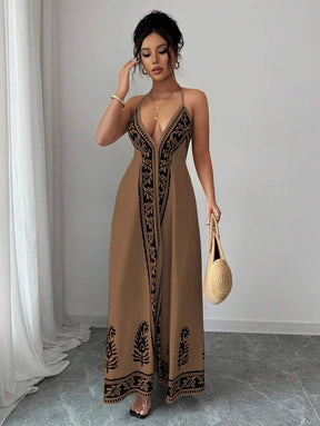 Breezaya™ Vestido de Decote em V Profundo com Estampa Floral para Mulheres, Vestido de Verão Estilo Maillard, Roupas de Verão Marrom para Universidade