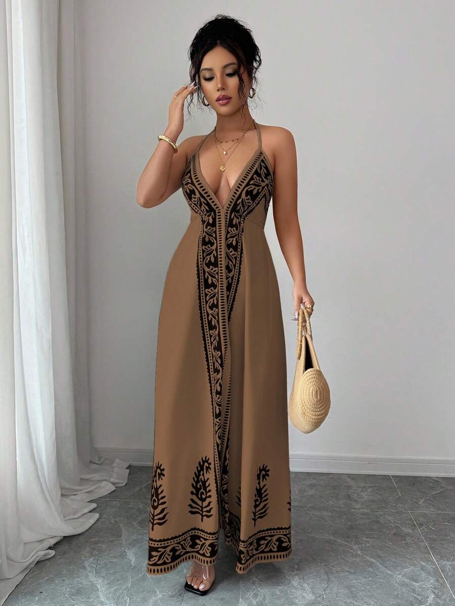 Breezaya™ Vestido de Decote em V Profundo com Estampa Floral para Mulheres, Vestido de Verão Estilo Maillard, Roupas de Verão Marrom para Universidade