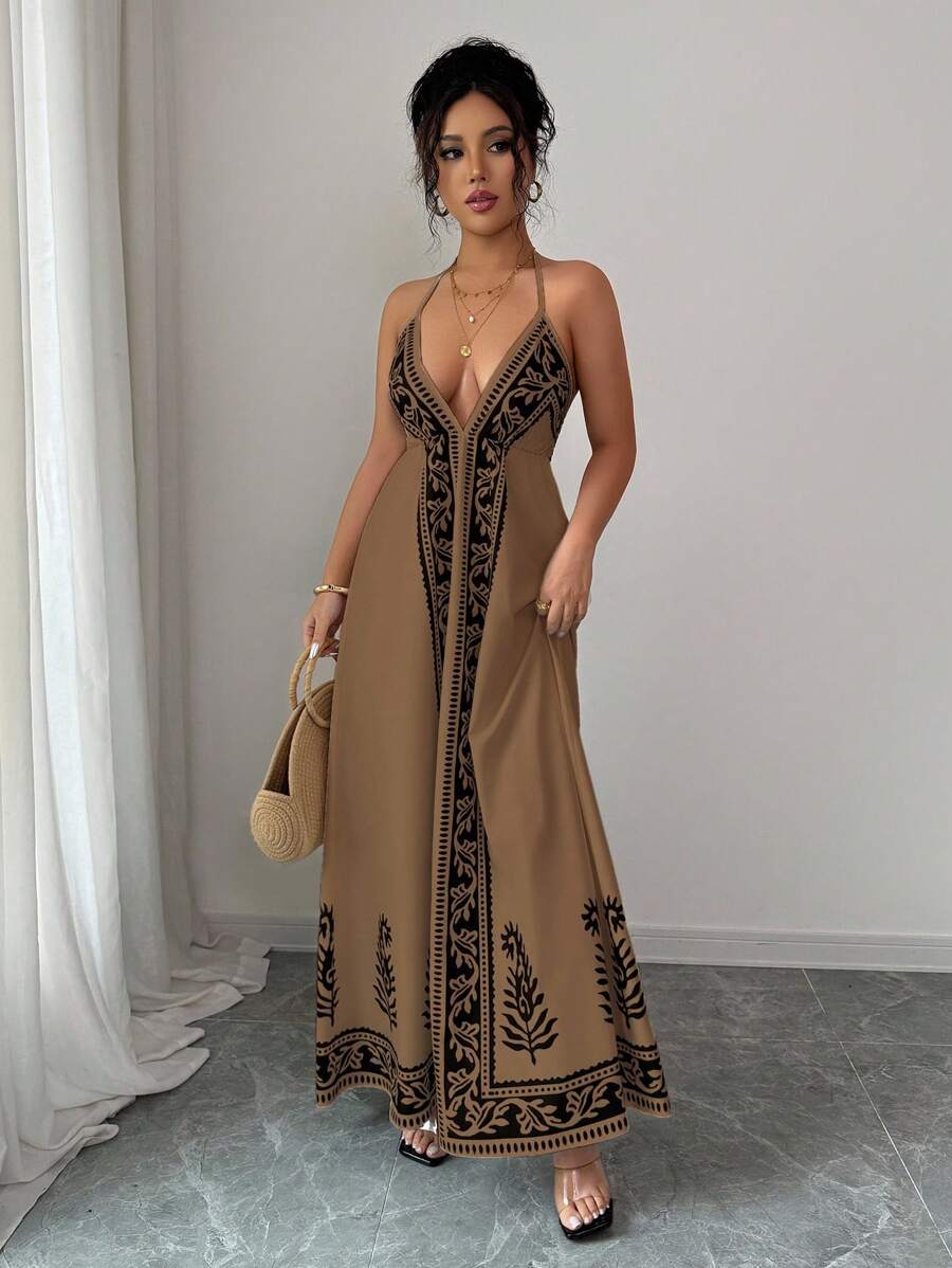 Breezaya™ Vestido de Decote em V Profundo com Estampa Floral para Mulheres, Vestido de Verão Estilo Maillard, Roupas de Verão Marrom para Universidade