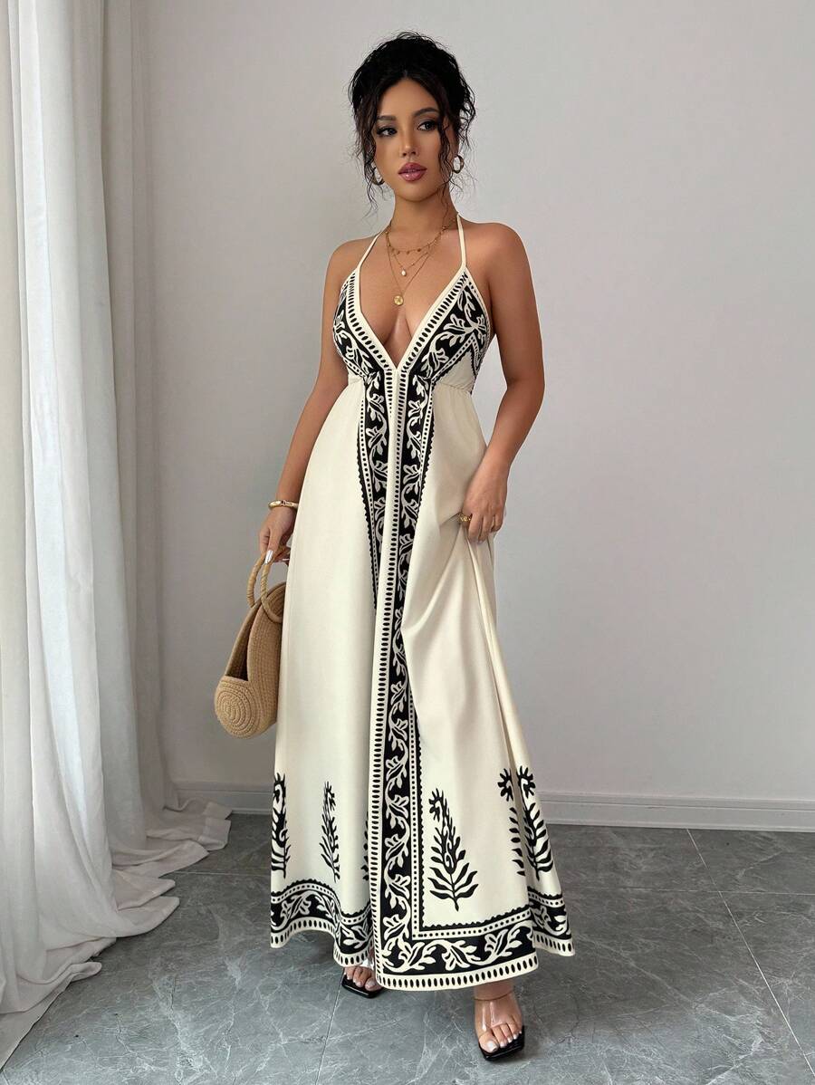 Breezaya™ Vestido de Decote em V Profundo com Estampa Floral para Mulheres, Vestido de Verão Estilo Maillard, Roupas de Verão Marrom para Universidade