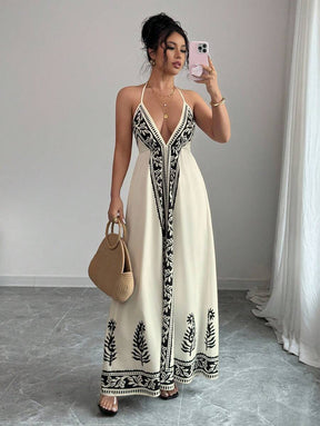 Breezaya™ Vestido de Decote em V Profundo com Estampa Floral para Mulheres, Vestido de Verão Estilo Maillard, Roupas de Verão Marrom para Universidade