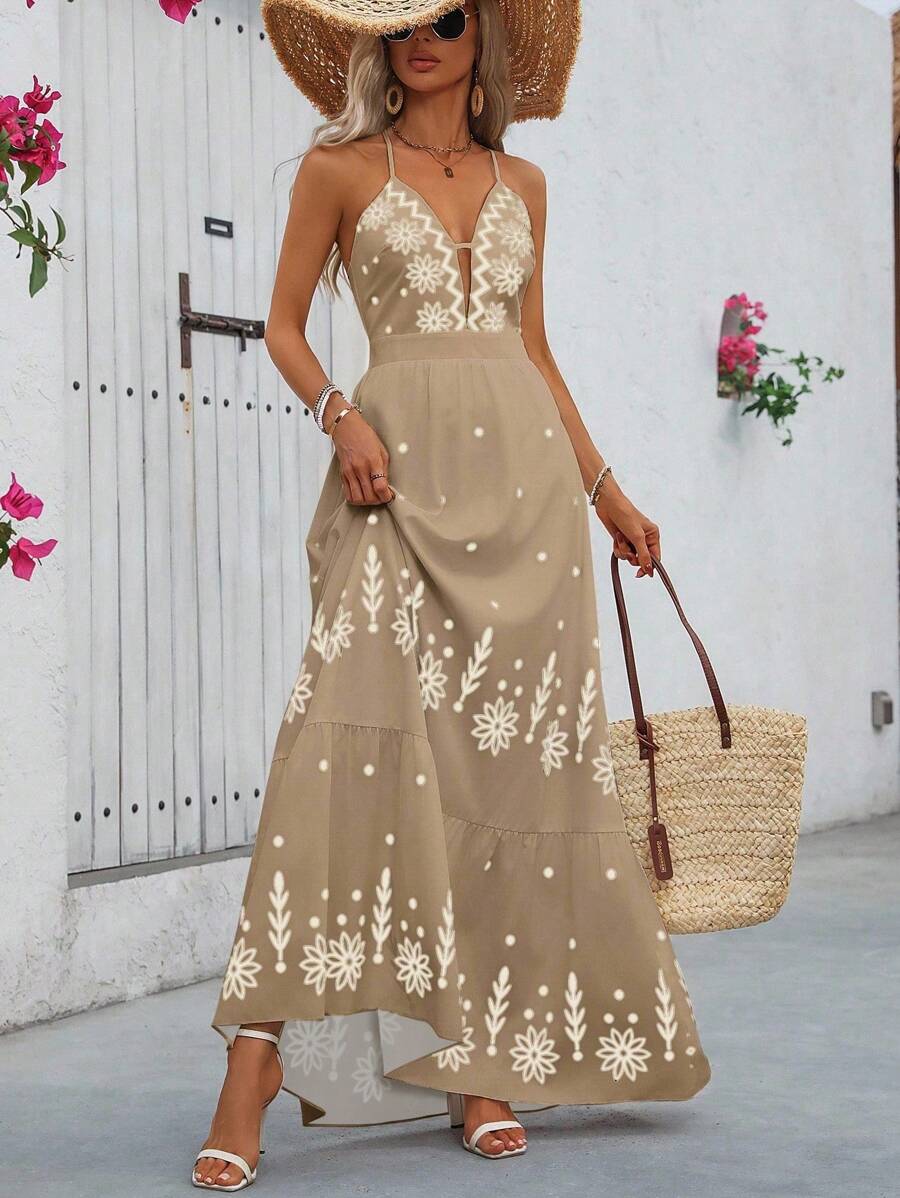 Breezaya™ Vestido Estampado Casual Cruzado Sem Costas Estilo A-Line para Férias de Primavera e Verão para Mulheres