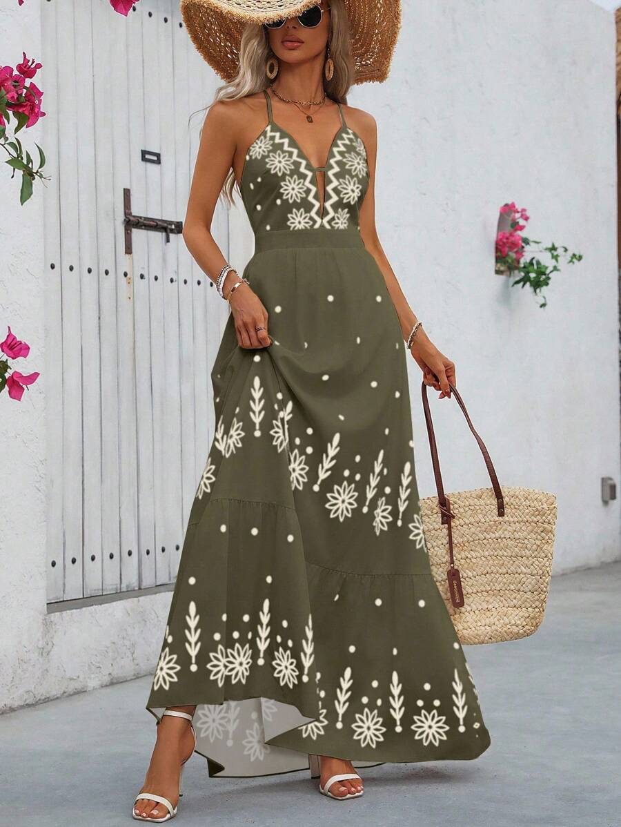 Breezaya™ Vestido Estampado Casual Cruzado Sem Costas Estilo A-Line para Férias de Primavera e Verão para Mulheres