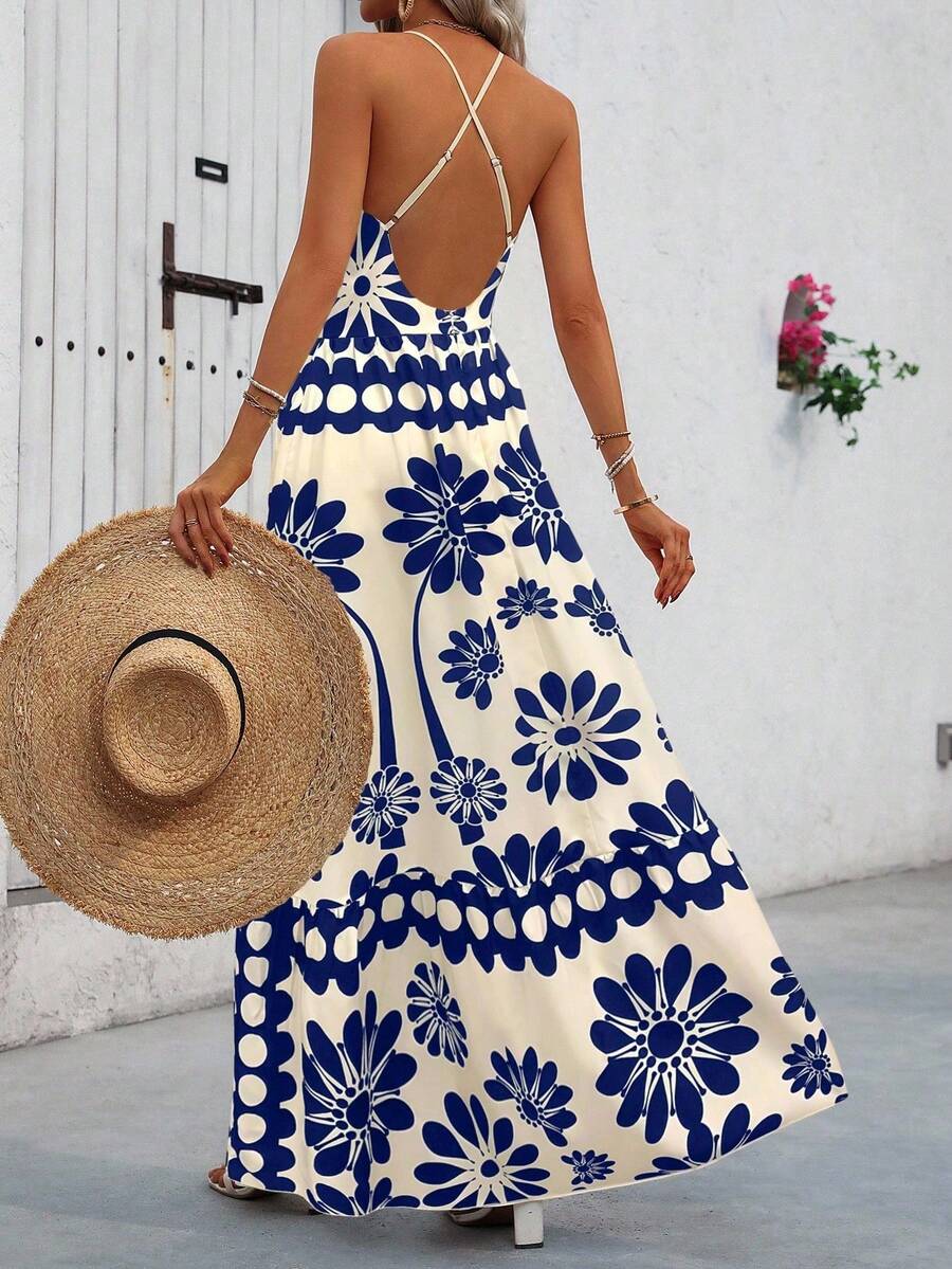 Breezaya™ Vestido Estampado Casual Cruzado Sem Costas Estilo A-Line para Férias de Primavera e Verão para Mulheres