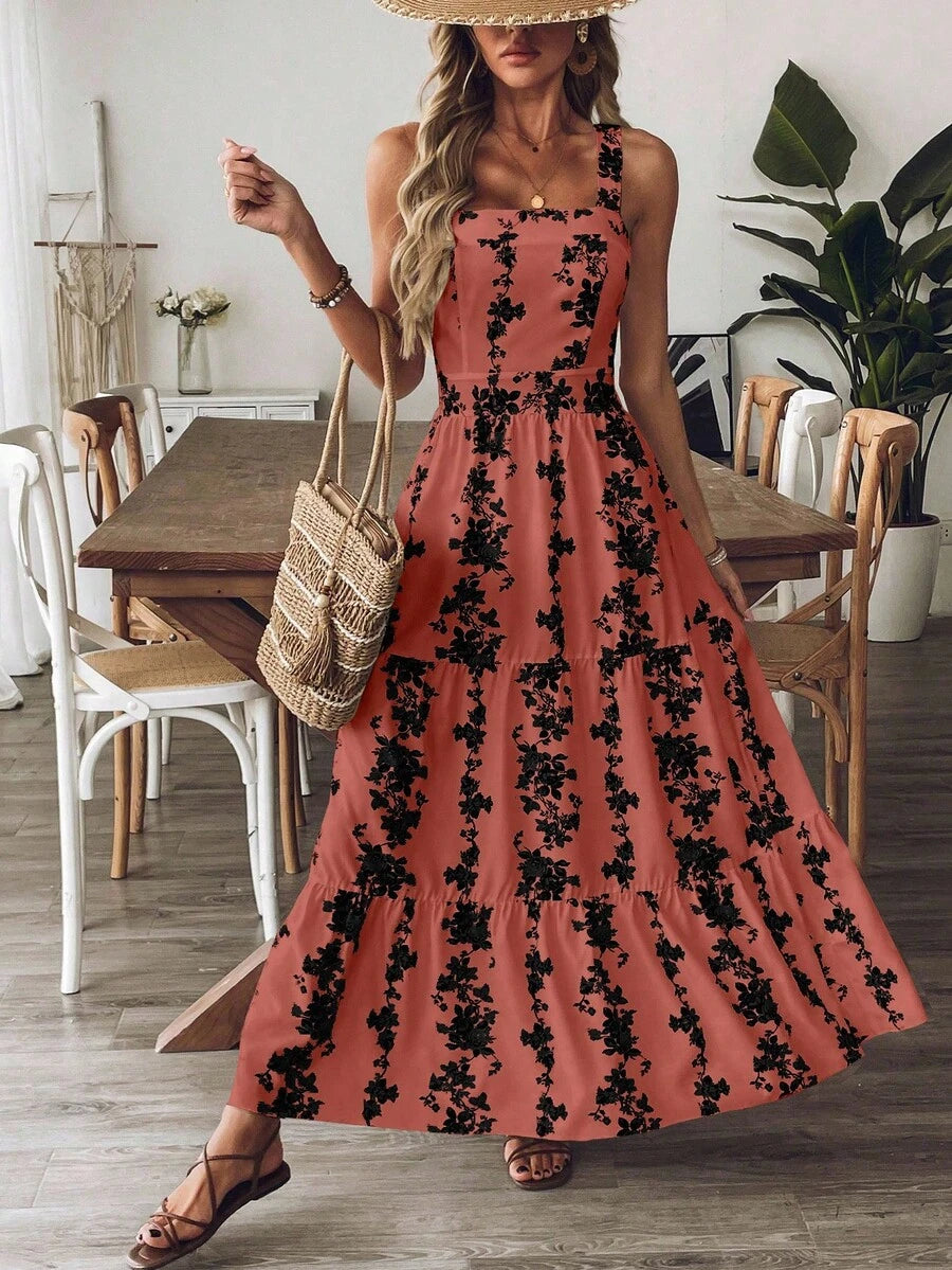 Breezaya™ Vestido Casual, Sem Mangas, Design de Cintura com Estampa Azul e Branca