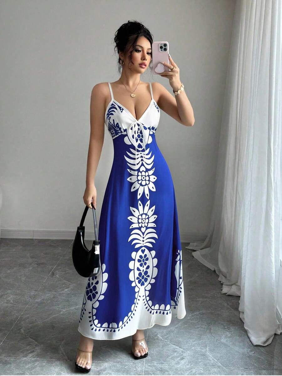 Breezaya™ Vestido Estampado de Decote em V, com Alças Finas