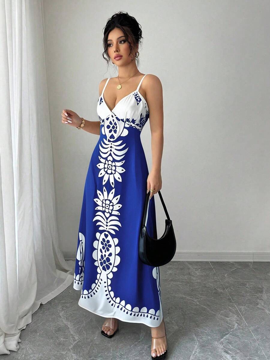 Breezaya™ Vestido Estampado de Decote em V, com Alças Finas